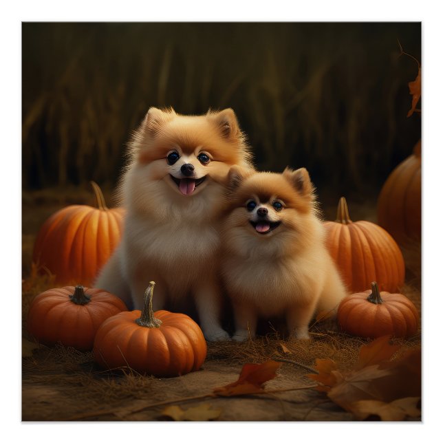 Pomeranian Puppy Autumn Delight Pumpkin Poster (Front)
