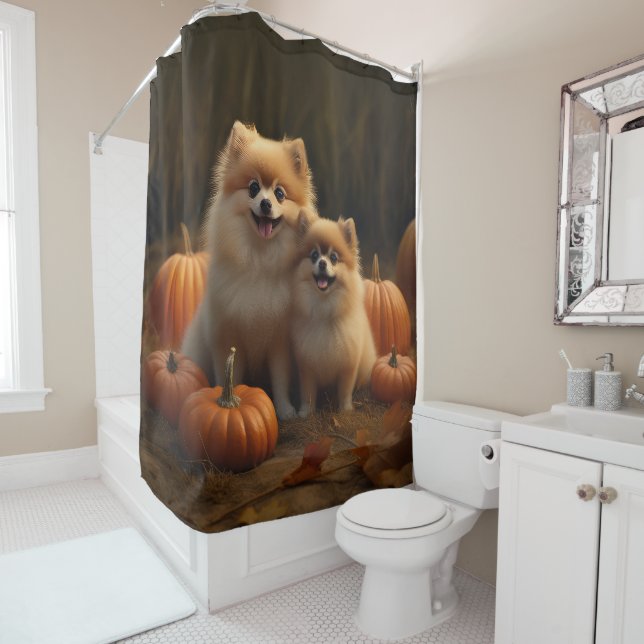 Pomeranian Puppy Autumn Delight Pumpkin Shower Curtain (In Situ)