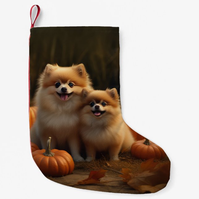 Pomeranian Puppy Autumn Delight Pumpkin Small Christmas Stocking (Front)