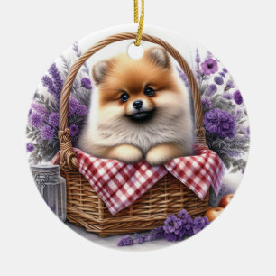 Pomeranian Puppy Dog Watercolor Wildflower Picnic Ceramic Tree Decoration
