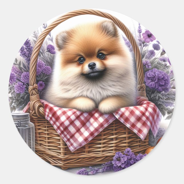 Pomeranian Puppy Dog Watercolor Wildflower Picnic Classic Round Sticker (Front)