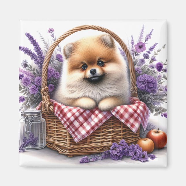 Pomeranian Puppy Dog Watercolor Wildflower Picnic Magnet (Front)