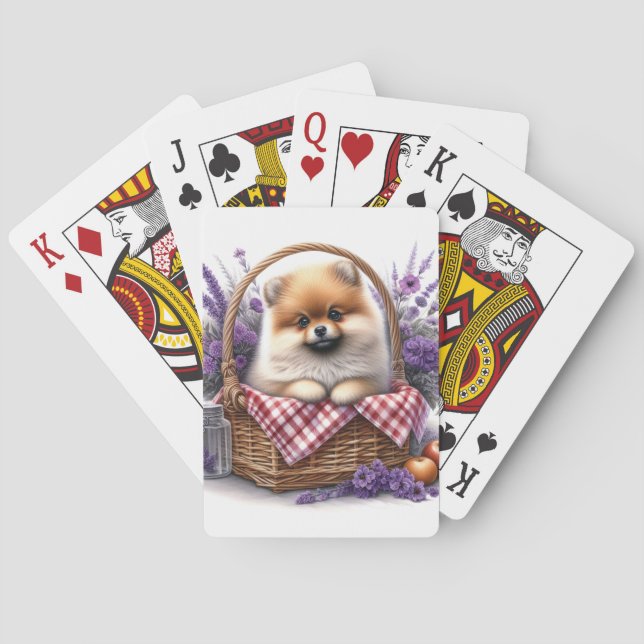 Pomeranian Puppy Dog Watercolor Wildflower Picnic Playing Cards (Back)