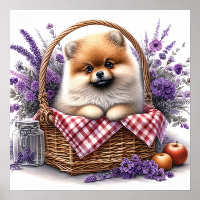 Pomeranian Puppy Dog Watercolor Wildflower Picnic Poster (Front)