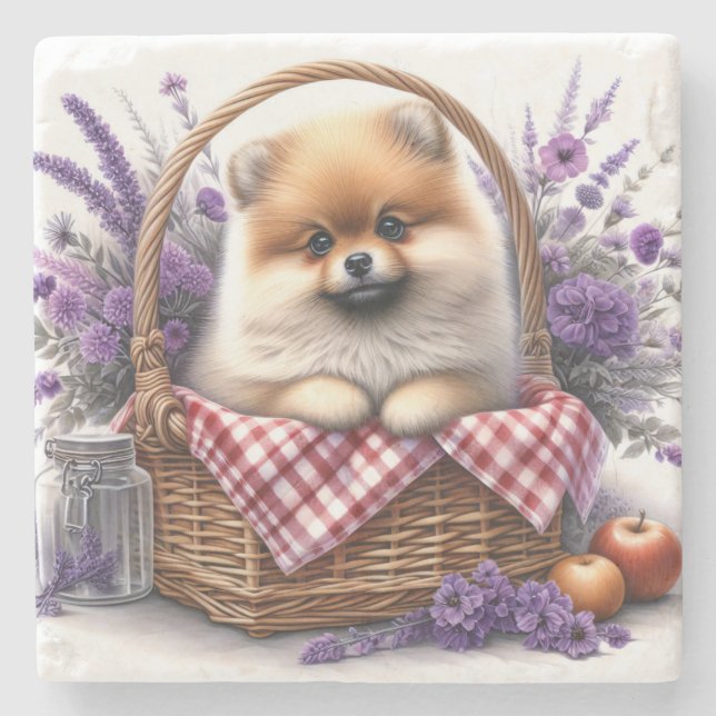 Pomeranian Puppy Dog Watercolor Wildflower Picnic Stone Coaster (Front)