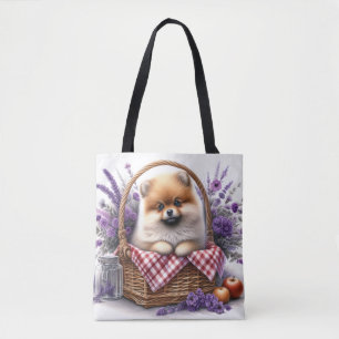 Pomeranian Puppy Dog Watercolor Wildflower Picnic Tote Bag