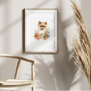 Pomeranian Puppy Pet Watercolor Flower Poster