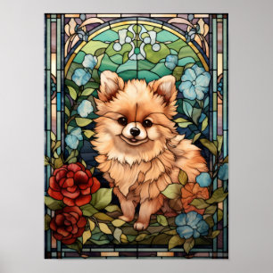 Pomeranian Puppy Stained Glass Floral Window Art Poster