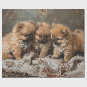 Pomeranian Puppy Trio Vintage Decoupage Wrapping Paper