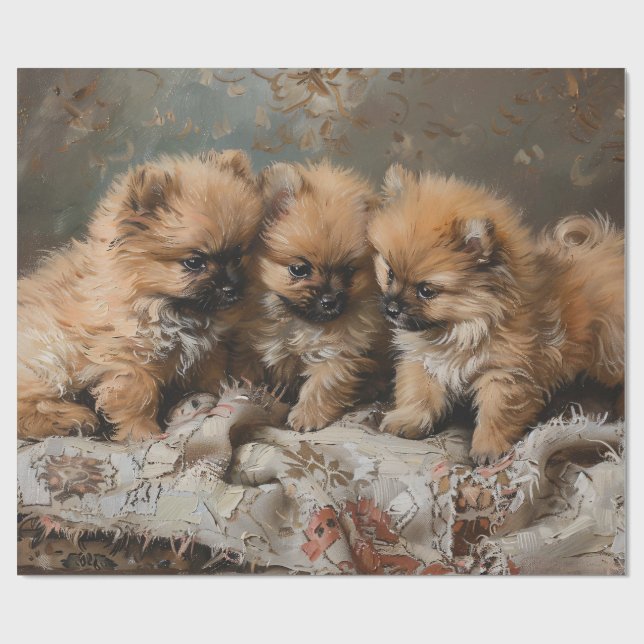 Pomeranian Puppy Trio Vintage Decoupage Wrapping Paper (Flat)