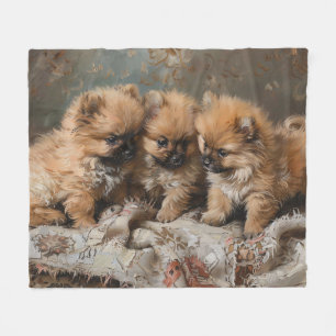 Pomeranian Puppy Trio Vintage Fleece Blanket