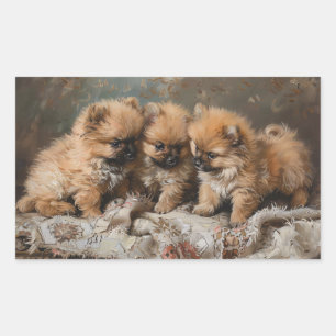 Pomeranian Puppy Trio Vintage Rectangular Sticker