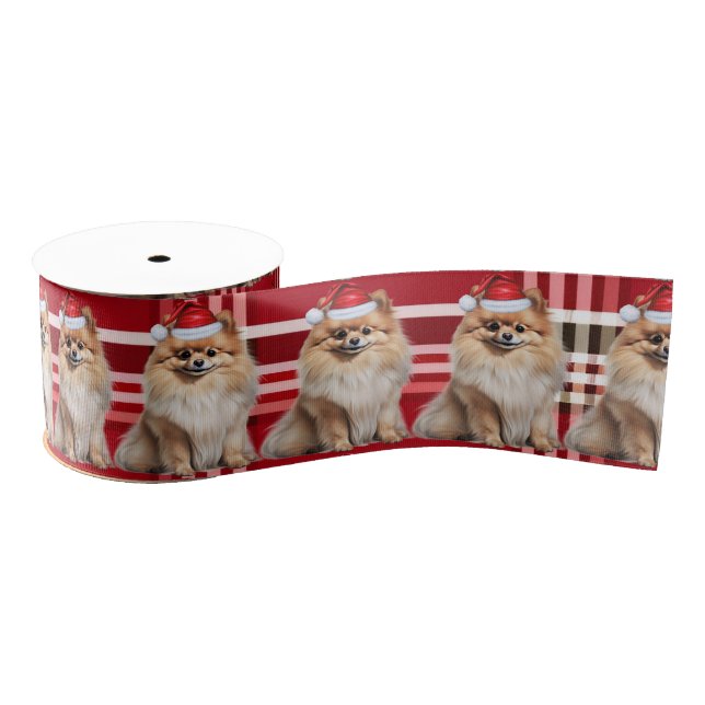 Pomeranian Red Holiday Plaid Funny Dog Christmas Grosgrain Ribbon (Spool)