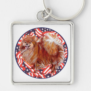 Pomeranian Red White & Blue Key Ring