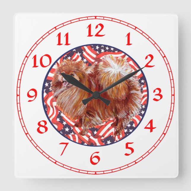 Pomeranian Red White & Blue Square Wall Clock (Front)