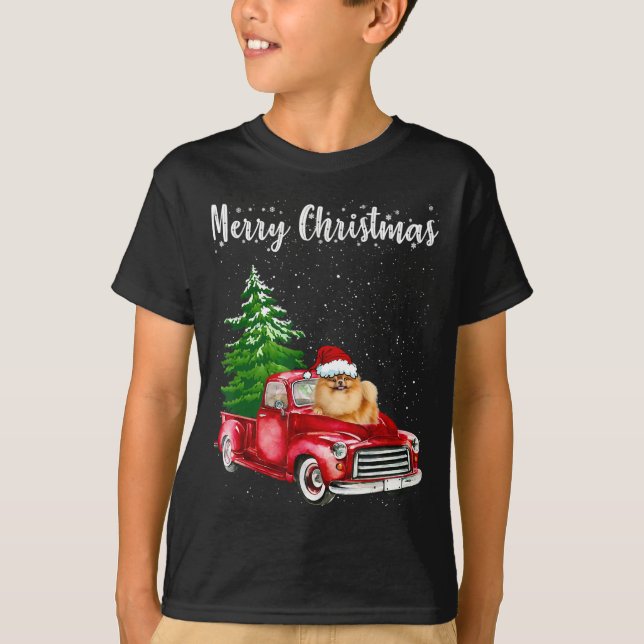 Pomeranian Riding Red Truck Merry Christmas Dog Lo T-Shirt (Front)