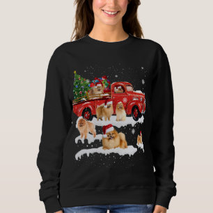 Pomeranian Riding Red Truck Merry Christmas X-mas Sweatshirt