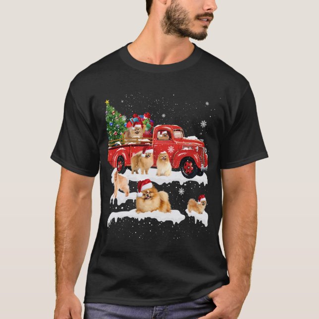 Pomeranian Riding Red Truck Merry Christmas X-mas  T-Shirt (Front)