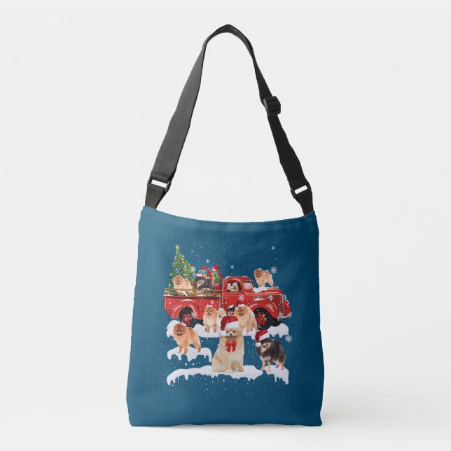 Pomeranian Riding Red Truck Xmas Merry Christmas Crossbody Bag (Front)