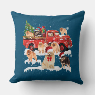Pomeranian Riding Red Truck Xmas Merry Christmas Cushion