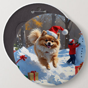 Pomeranian Running in Snow with Christmas Hat 6 Cm Round Badge