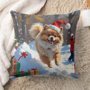 Pomeranian Running in Snow with Christmas Hat Cushion