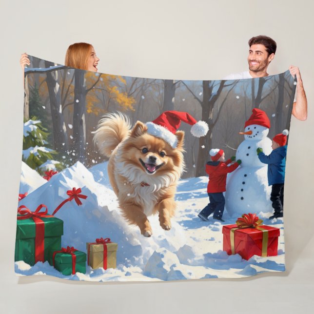 Pomeranian Running in Snow with Christmas Hat Fleece Blanket (In Situ)