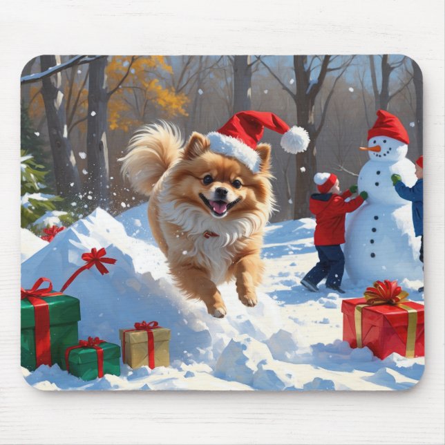 Pomeranian Running in Snow with Christmas Hat Mouse Mat (Front)