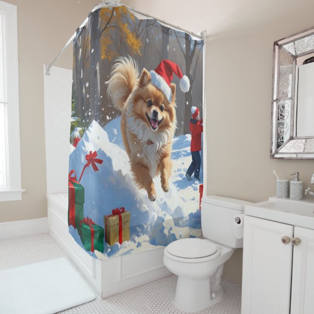 Pomeranian Running in Snow with Christmas Hat Shower Curtain (In Situ)