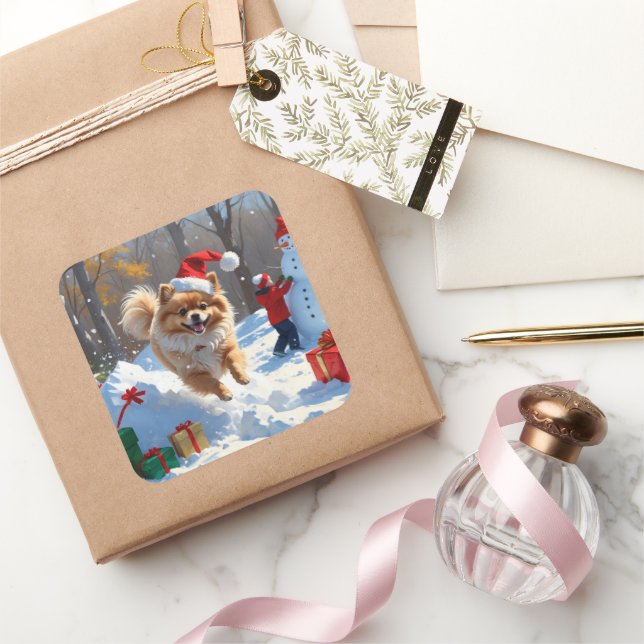 Pomeranian Running in Snow with Christmas Hat Square Sticker (Gifting)
