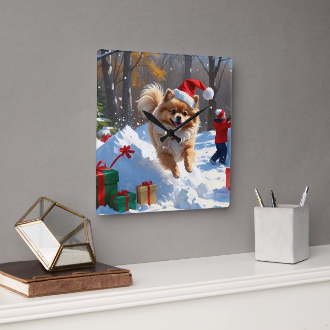 Pomeranian Running in Snow with Christmas Hat Square Wall Clock (Office)