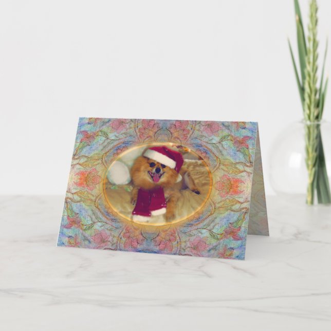 Pomeranian Santa Christmas Card with pastel art. (Front)