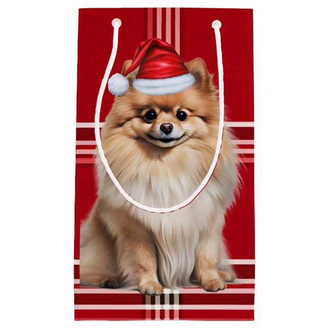 Pomeranian Santa Dog Holiday Red Plaid Christmas Small Gift Bag (Front)