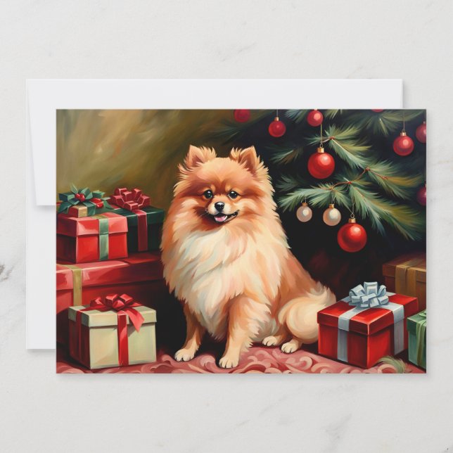 Pomeranian sitting by Christmas tree Card (Front)