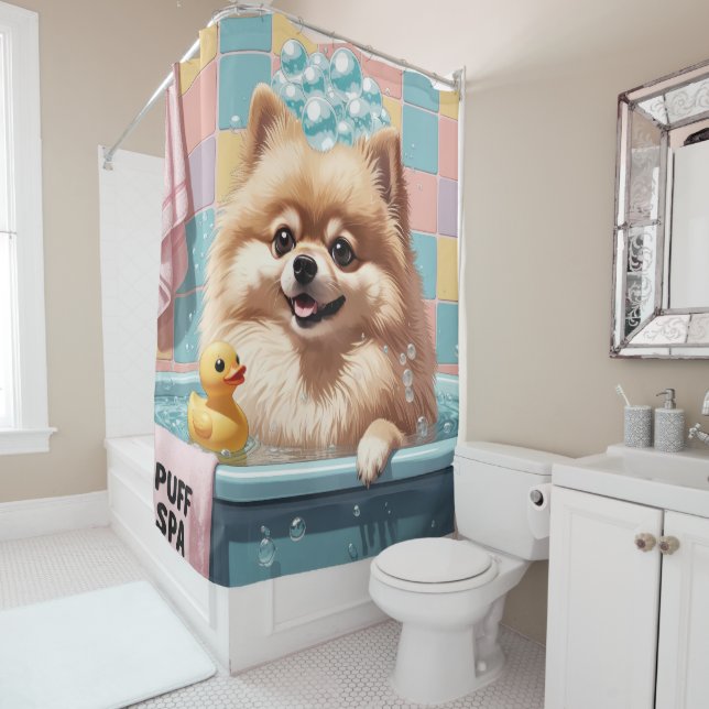 Pomeranian Sloppy Sleepy Cute Funny  Shower Curtain (In Situ)