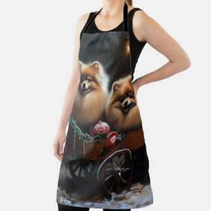 Pomeranian Snowy Sleigh Christmas Decor Apron