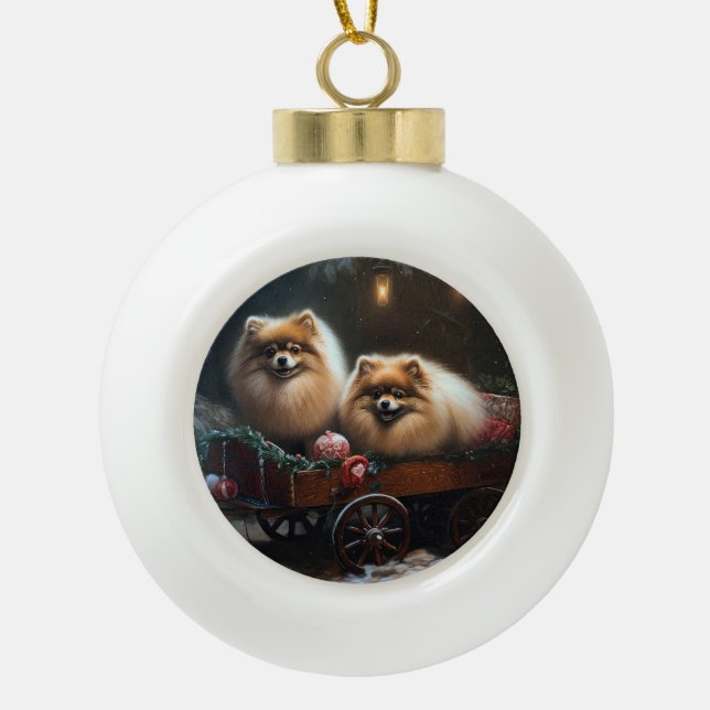 Pomeranian Snowy Sleigh Christmas Decor Ceramic Ball Christmas Ornament (Front)