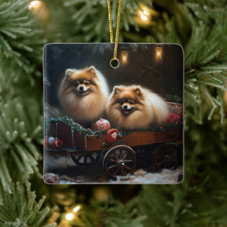 Pomeranian Snowy Sleigh Christmas Decor Ceramic Ornament