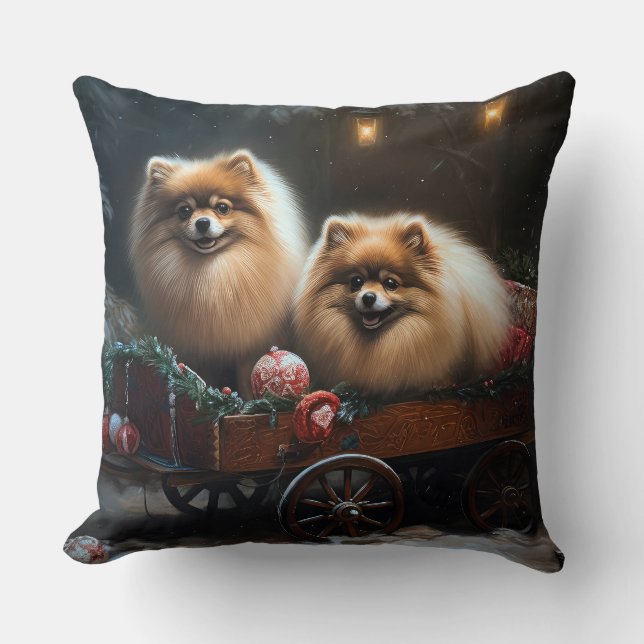 Pomeranian Snowy Sleigh Christmas Decor Cushion (Front)
