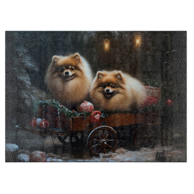 Pomeranian Snowy Sleigh Christmas Decor Cutting Board (Front)