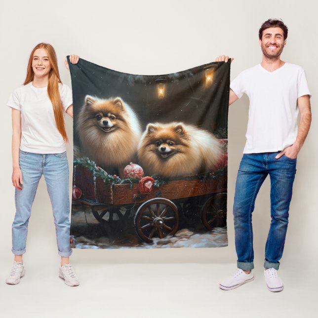 Pomeranian Snowy Sleigh Christmas Decor Fleece Blanket (In Situ)