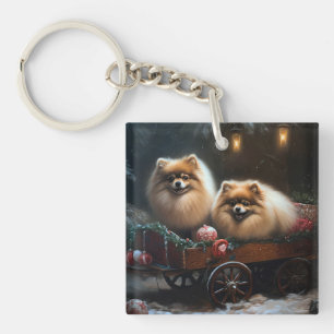 Pomeranian Snowy Sleigh Christmas Decor Key Ring