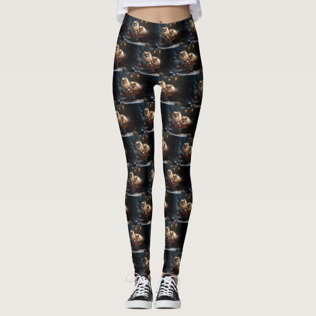 Pomeranian Snowy Sleigh Christmas Decor Leggings (Front)