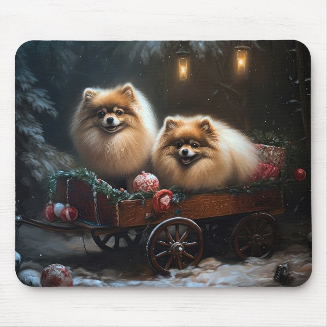 Pomeranian Snowy Sleigh Christmas Decor Mouse Mat (Front)