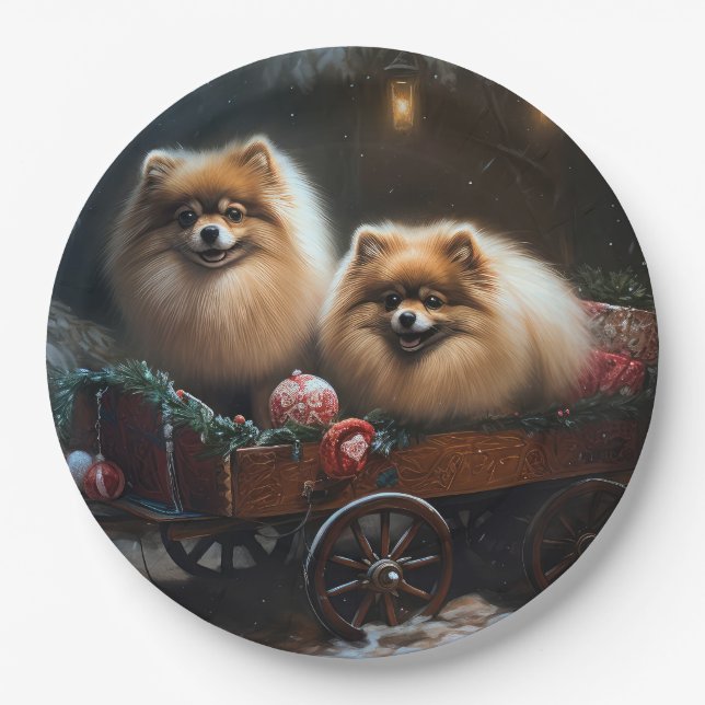 Pomeranian Snowy Sleigh Christmas Decor Paper Plate (Front)