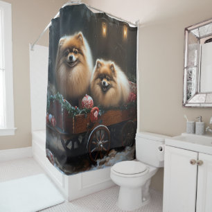 Pomeranian Snowy Sleigh Christmas Decor Shower Curtain