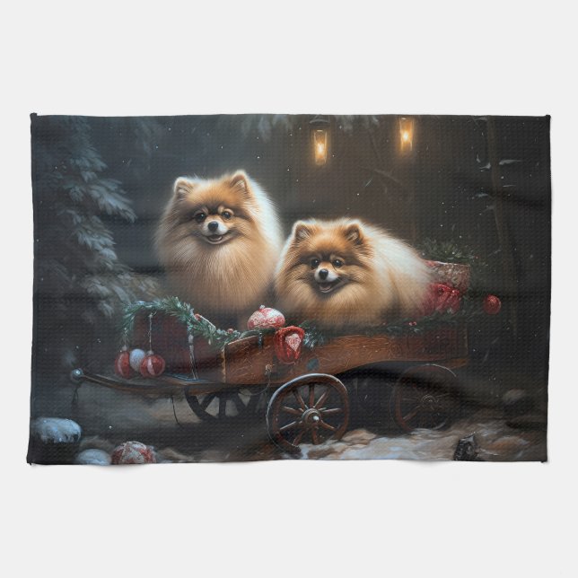 Pomeranian Snowy Sleigh Christmas Decor Tea Towel (Horizontal)