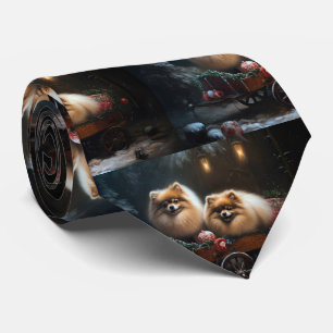 Pomeranian Snowy Sleigh Christmas Decor Tie