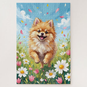 Pomeranian Spring Daisy Field Cute Dog Jigsaw Puzzle
