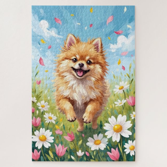 Pomeranian Spring Daisy Field Cute Dog Jigsaw Puzzle (Vertical)